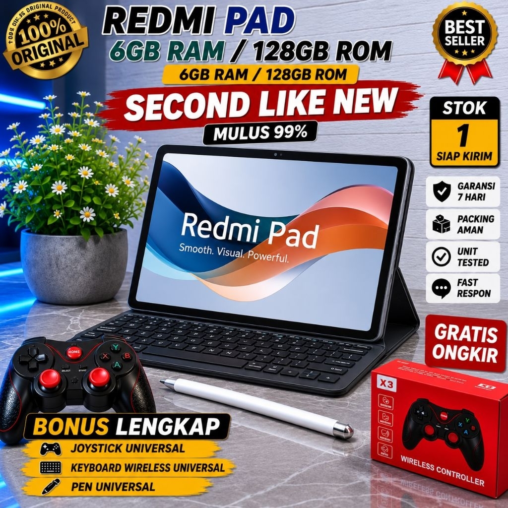 Redmi Pad 6 128GB 6GB Ram Second Like New Bonus Keyboard Pen Joystick Tablet Xiaomi Gaming Kerja Kul