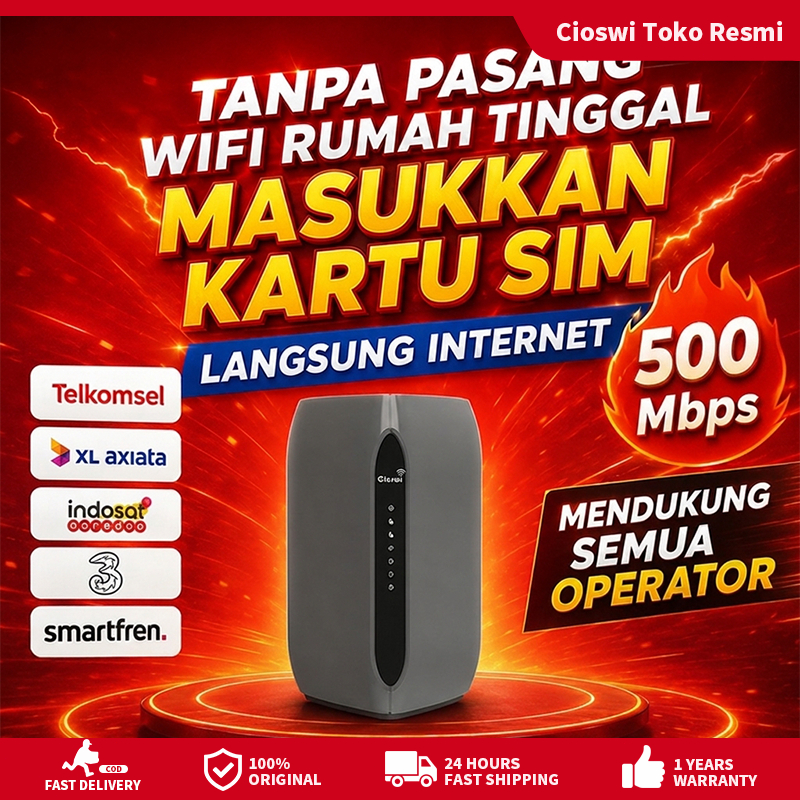 Cioswi Router 4G WiFi 500Mbps Kartu SIM, Modem Internet Rumah Tanpa Kabel, Support 32 User