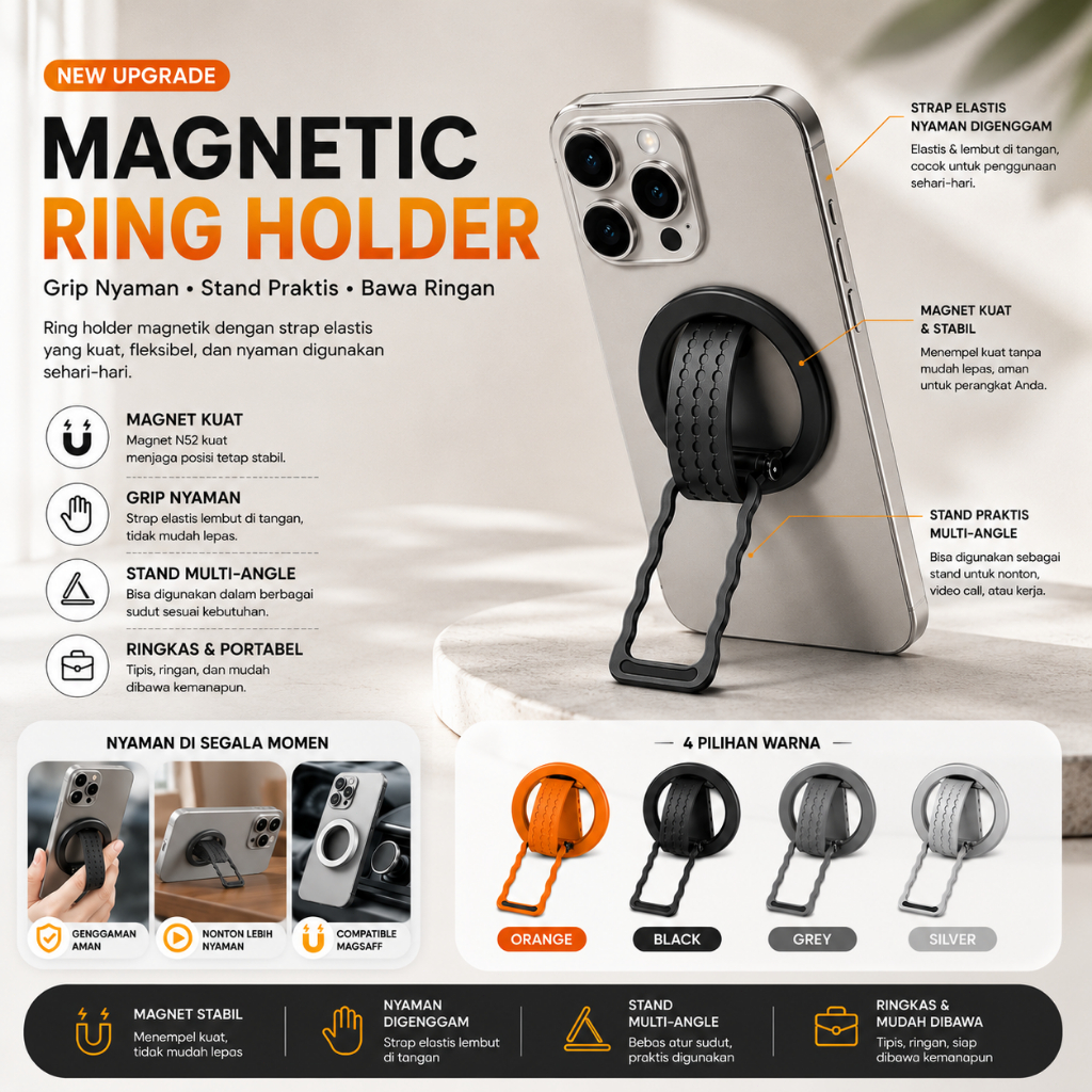 Holder HP Magnet MagSafe Ring Stand Iring HP Magnetic Phone Grip Dudukan HP Lipat Pegangan Jari Port