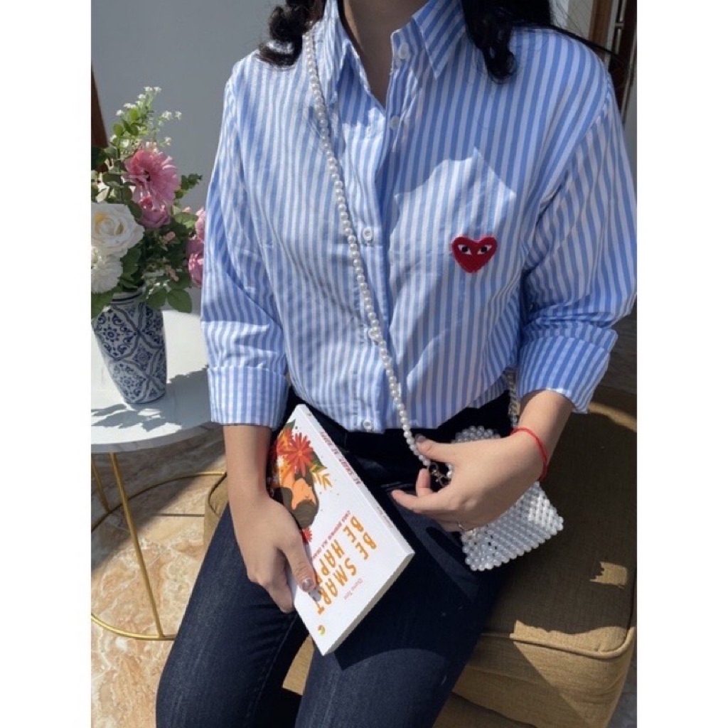 [ORIGINAL] Kemeja Play CDG Striped Blue Shirt Long Sleeve Salur Garis | Atasan wanita | Kemeja wanit