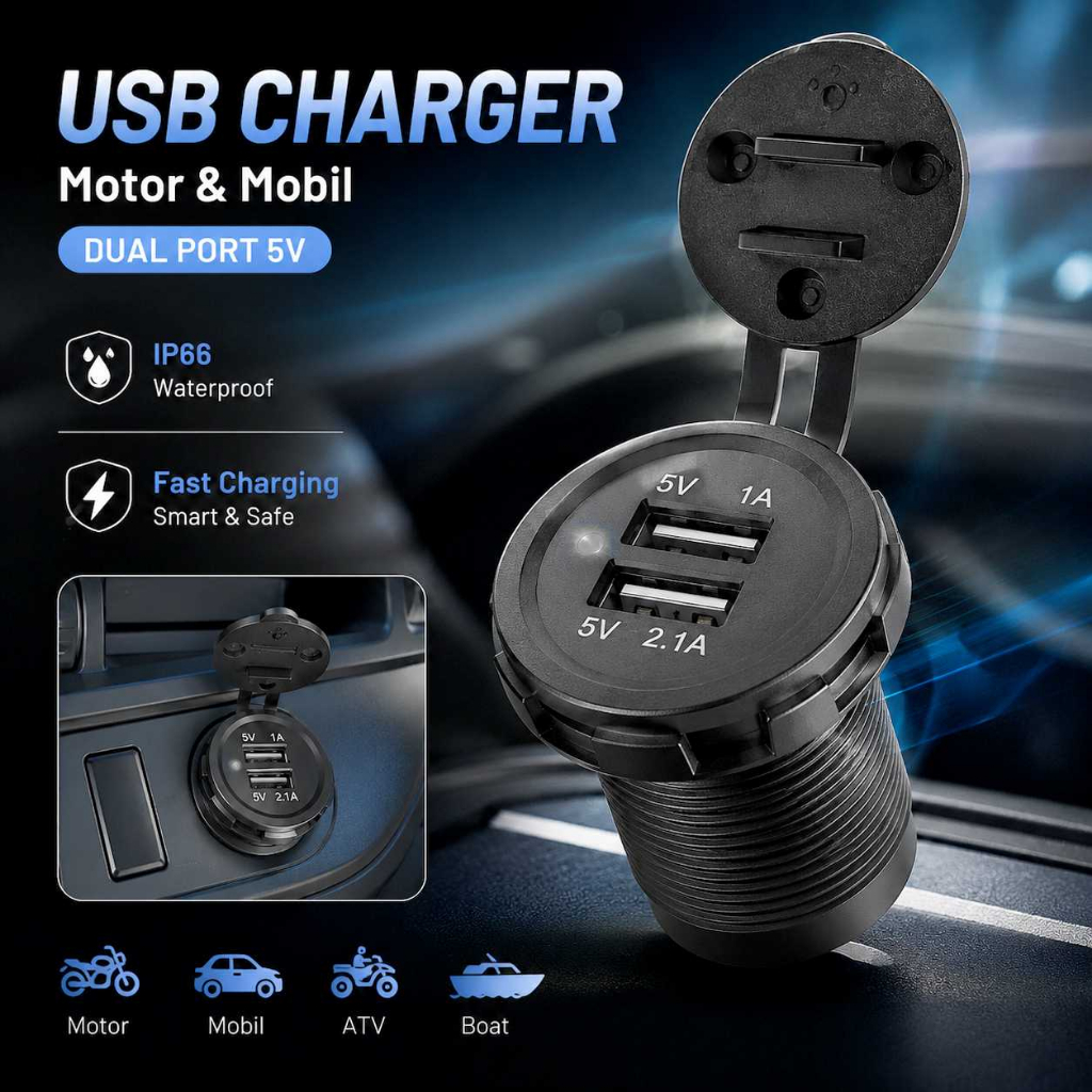 Socket Charger Dual USB Mobil Truk Motor Dashboard Rocker USB Charger 2 Port 5V 2.1A Waterproof