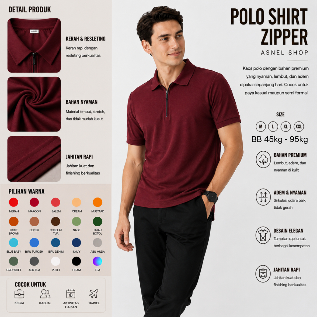 Kaos Resleting Pria Dewasa - Polo Shirt Zipper Depan Polos Lengan Pendek Cowok Keren Katun Nyaman