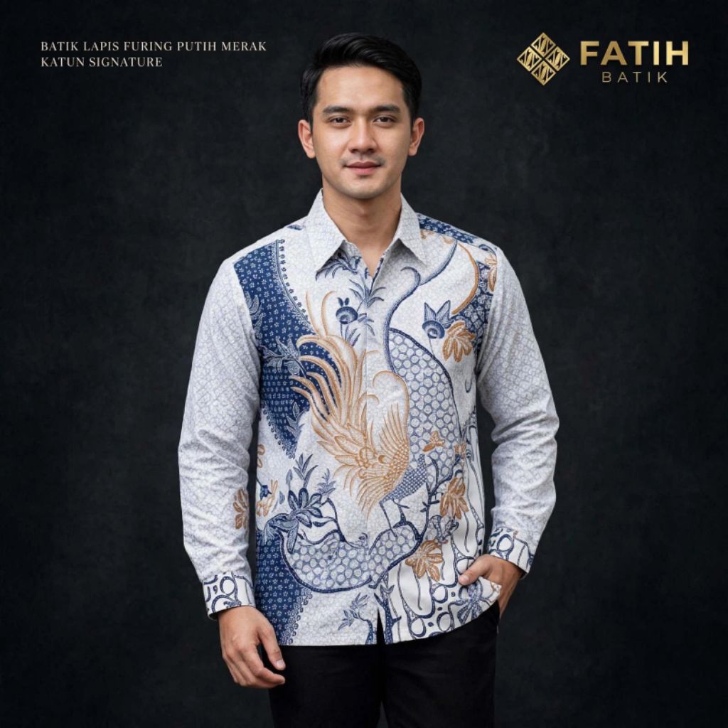 Batik Pria Lengan Panjang Lapis Furing Merak Putih Katun Signature - Seragam Batik Pria Pesta Dan Ka