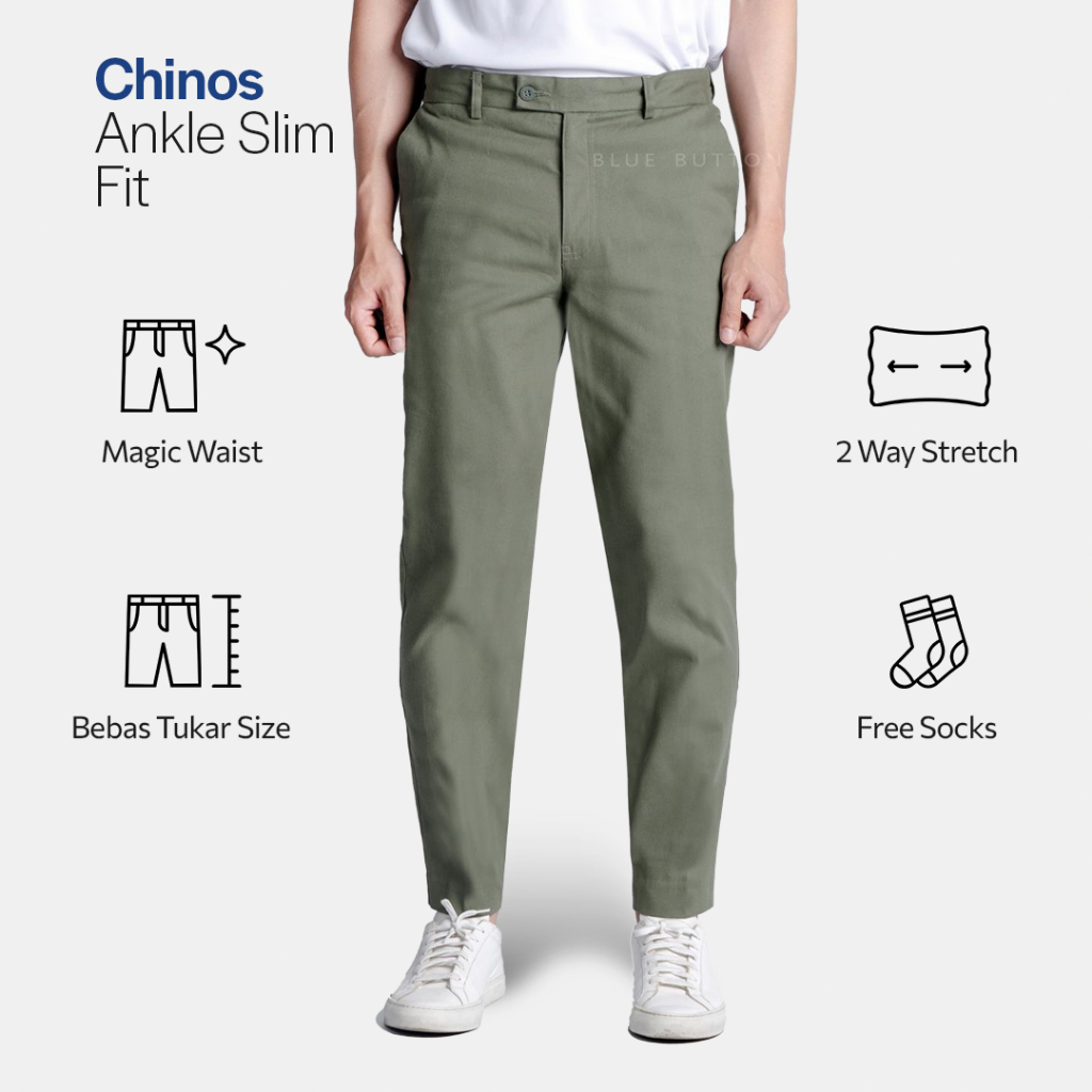 BLUEBUTTON Celana Chino Pria Celana Panjang Pria Slim Fit Sage Nyaman Stretch Casual Kerja