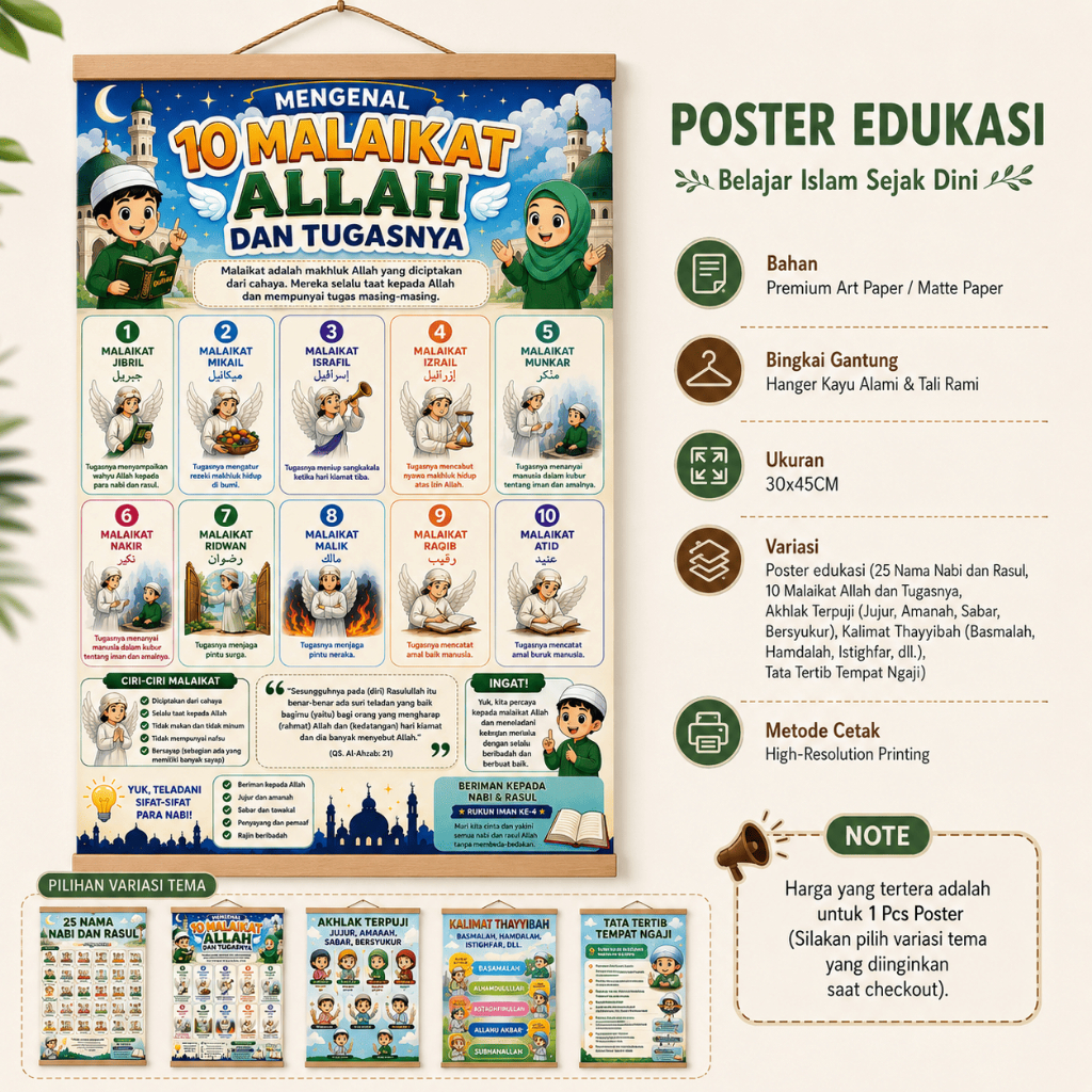 Poster Edukasi TPQ / Madin Tema Malaikat & Nabi - Hiasan Dinding Bingkai Kayu 30x45