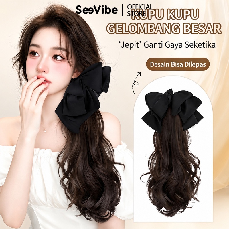 SeeVibe Rambut Palsu Kuda-Kuda Bergelombang Wanita Model Jepit Cengkeram Tekstur Alami Mengembang Ra
