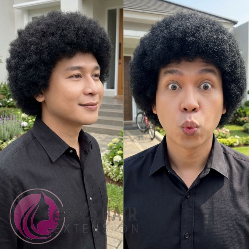 Wig Pria Rambut Pendek Kribo Warna Hitam Natural Rambut Palsu Kribo Brokoli Gaya Pria Amerika