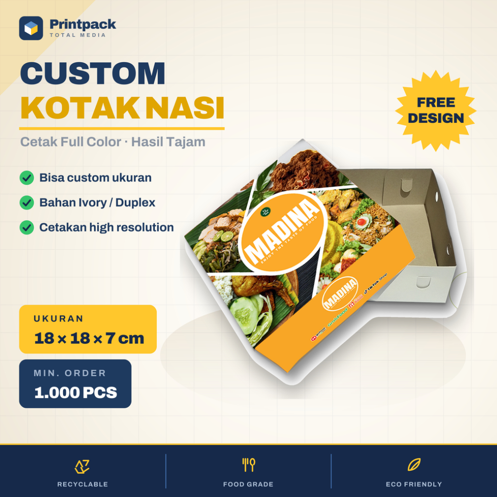 Cetak Dus Nasi Kotak uk. 18 x 18 x 7 cm (tutup pisah)/ Kotak Nasi Custom Full Color
