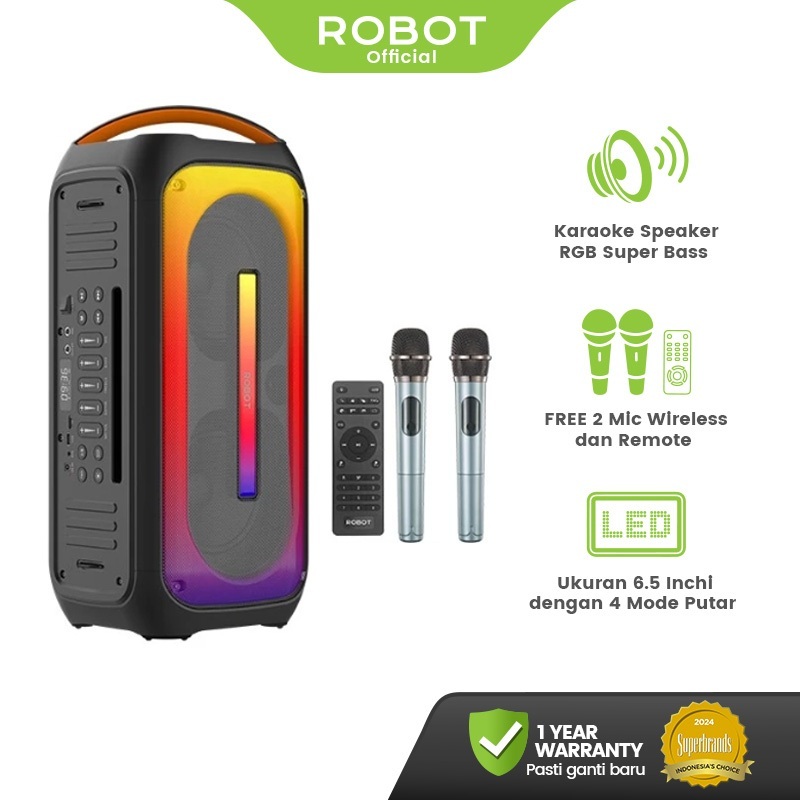 ROBOT RB650 Karaoke Speaker 50W Dual 6.5 Inch RGB Dual Wireless Mic