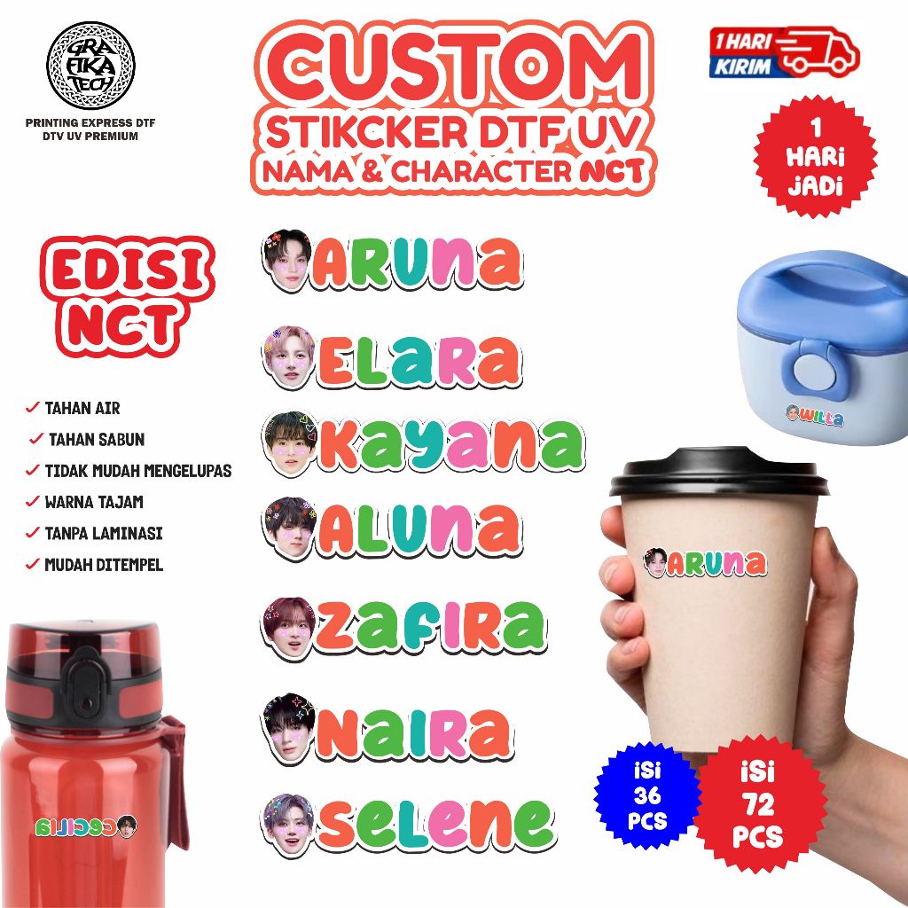 Sticker UV DTF Label Custom Nama Karakter NCT KPOP KOREA Tahan Air  Piring Tumbrl Gelas Sendok Garpu