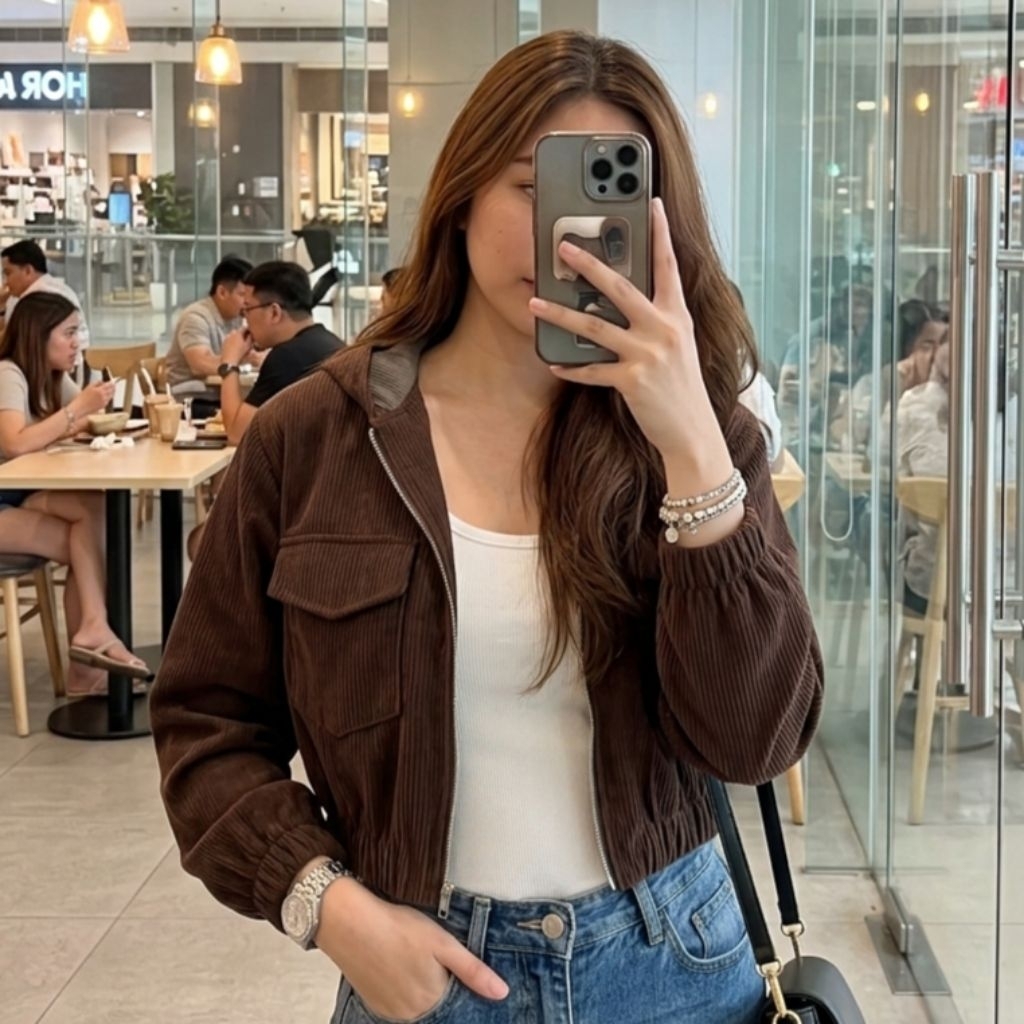 Jaket Corduroy Wanita Outer Crop Hoodie - COKLAT TUA