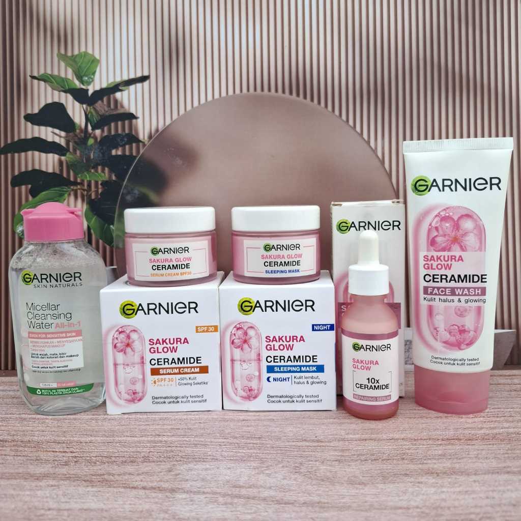 ( PROMO ) Paket Komplit 5in1 Skincare Garnier Sakura Glow Skin Barrier Simple Set - Untuk Kulit Glow