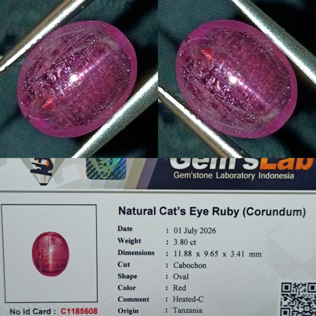 natural cat's eye Ruby red heated c tanzania memo GLI