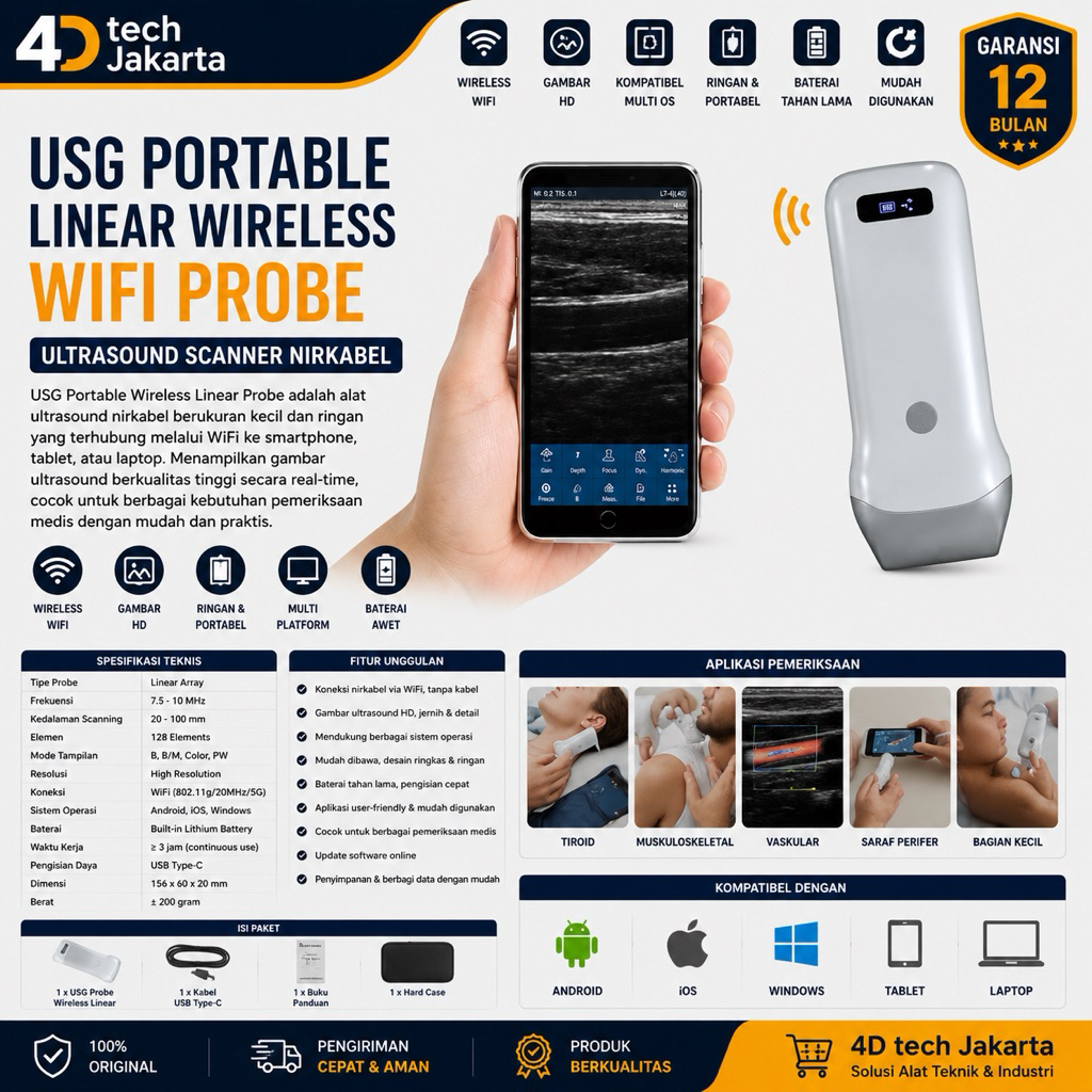 USG Portable Linear Wireless WiFi Probe | Ultrasound Scanner Android iOS Windows | Alat USG Nirkabel