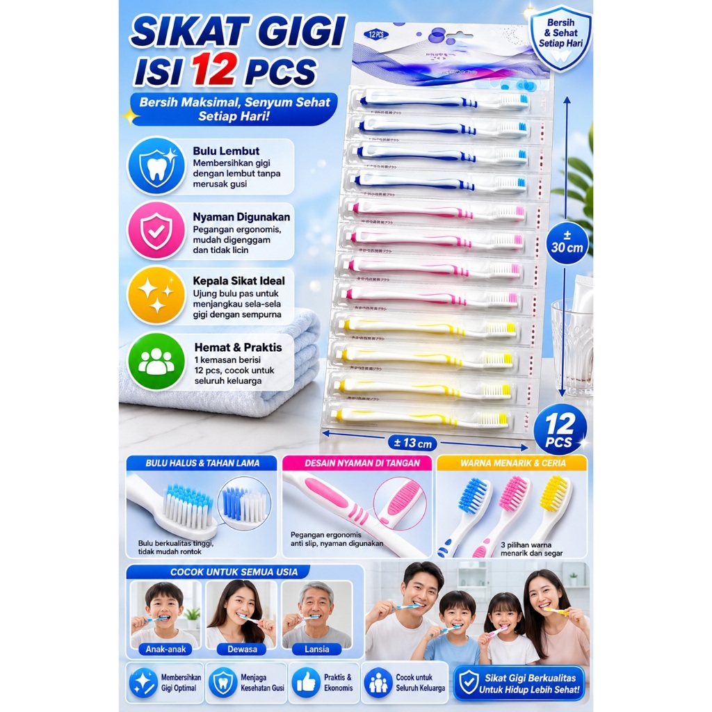 1 Lusin Renceng Sikat Gigi Soft Bulu Lembut 1 Pack Isi 12 Warna Warni Anti Slip Nyaman Tidak Licin Shine Berkilau Dewasa Remaja White Toothbrush