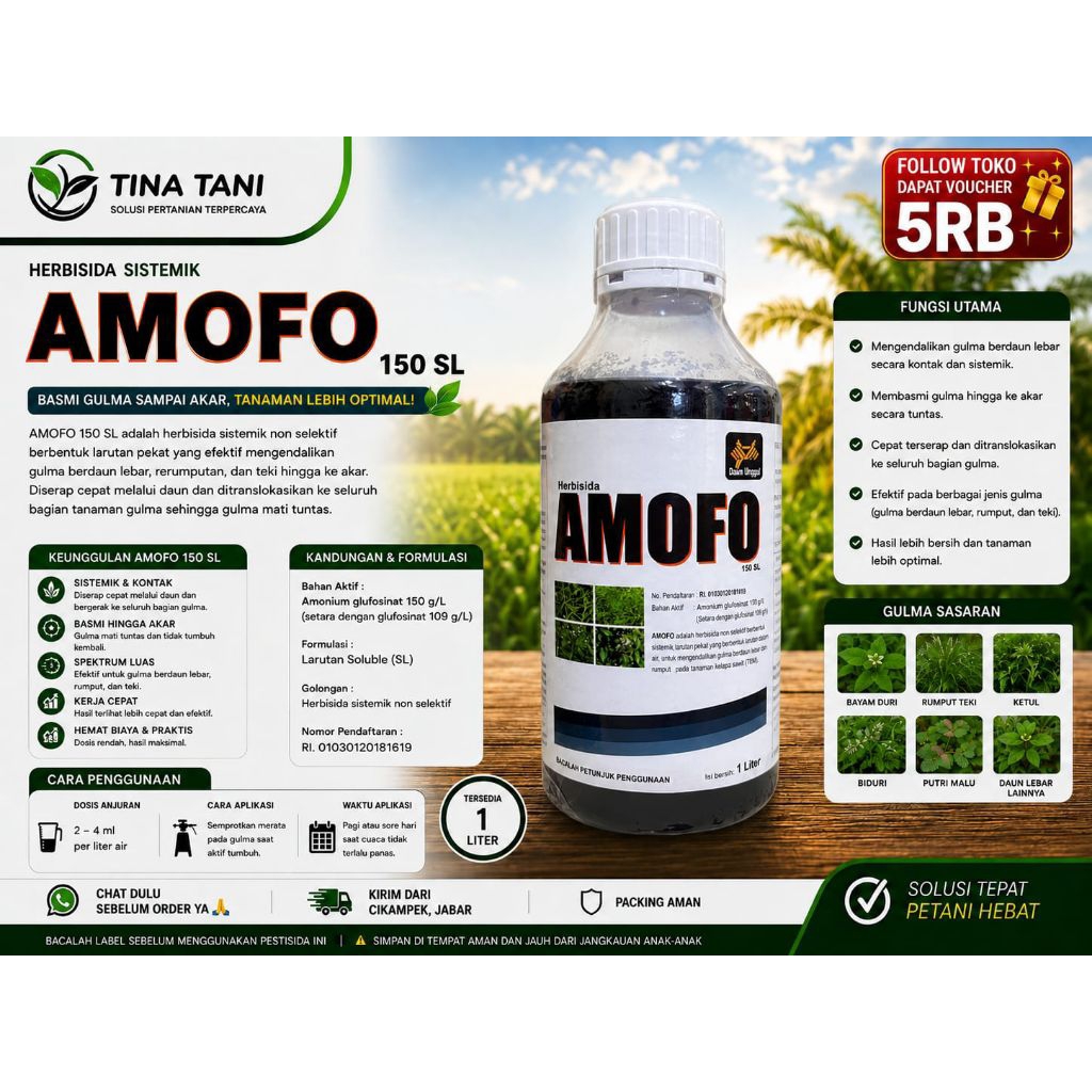 AMOFO 150 SL 1L | Herbisida Glufosinat Basmi Gulma Daun Lebar Rumput Teki Sawit TBM
