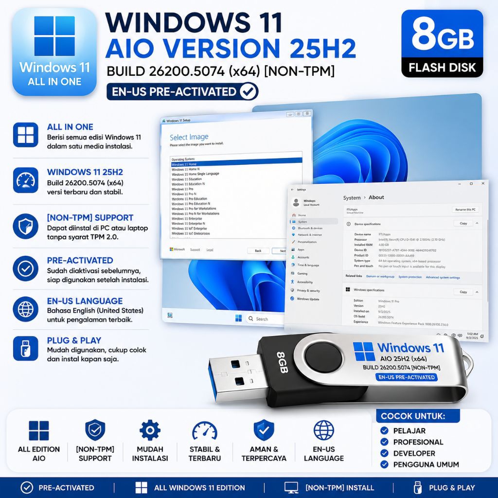 Flash Disk 8GB Windows 11 AIO Version 25H2 Build 26200.5074 (x64) [Non-TPM] EN-US Pre-Activated