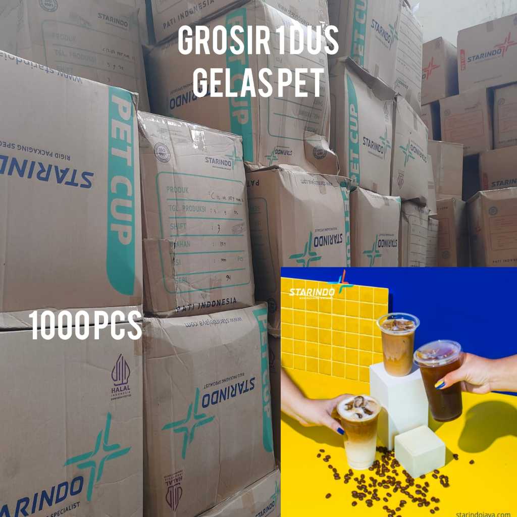 GROSIR 1 DUS STARINDO GELAS PET 12OZ 14OZ OVAL 16OZ TEBAL 10-12GRAM SABLON ES KOPI KELILING