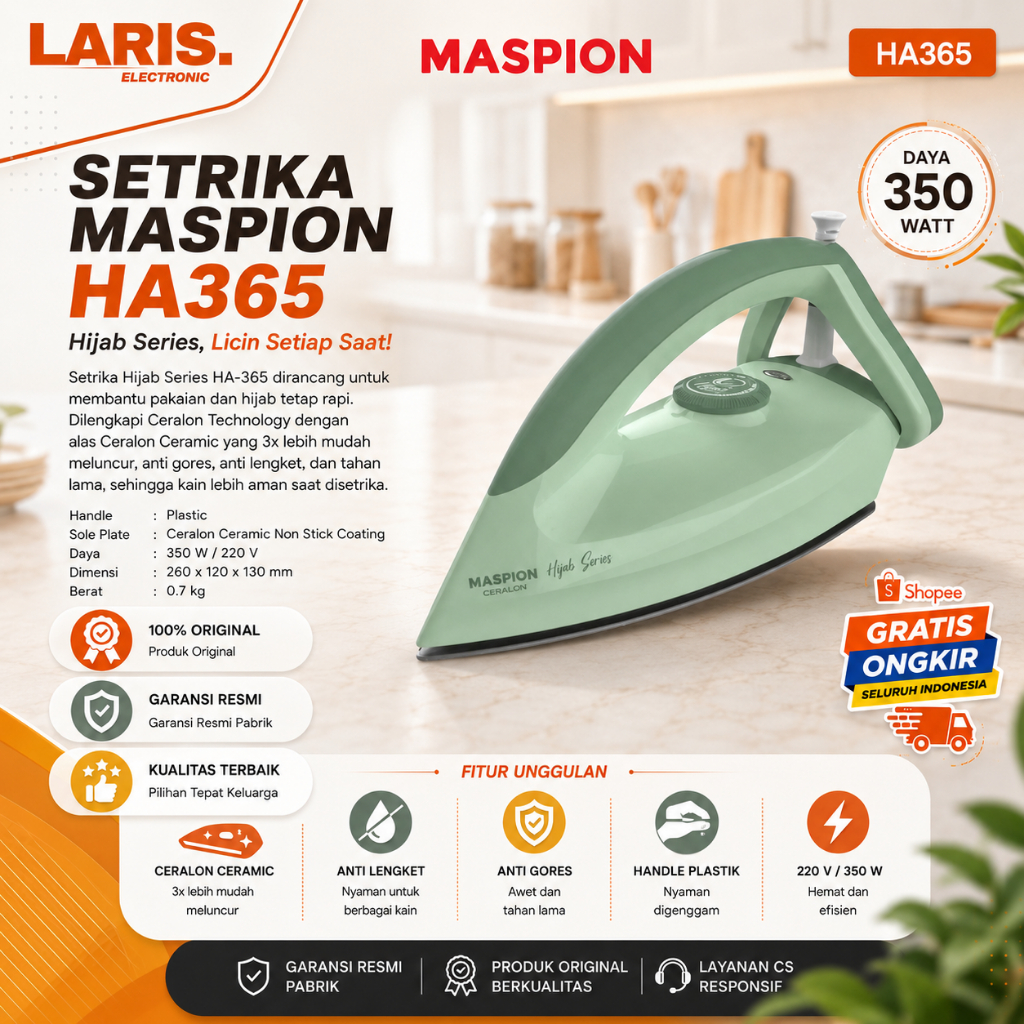 Maspion Setrika Hijab HA-365 Ceralon Ceramic Anti Lengket 350W Garansi Resmi