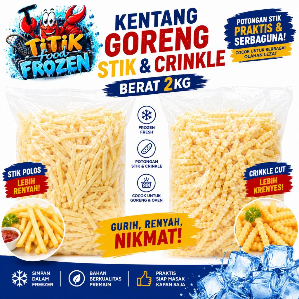 Titik Frozen | Kentang Stik Crinkle Frozen 2kg | French Fries Stik dan Crinkle Siap Goreng untuk Cam