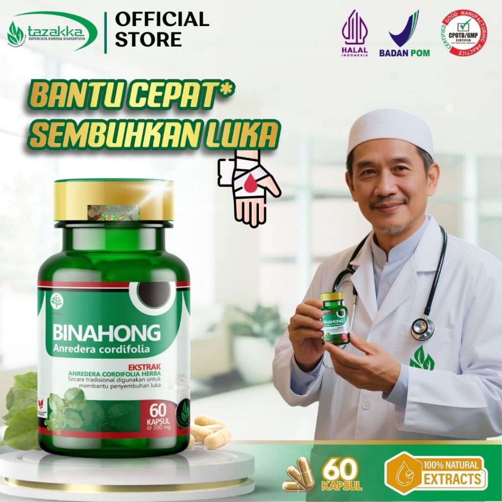 Daun Binahong Segar Ekstrak Herbal Tazakka Original Halal BPOM Isi 60 Kapsul Obat Pengering Luka Pas