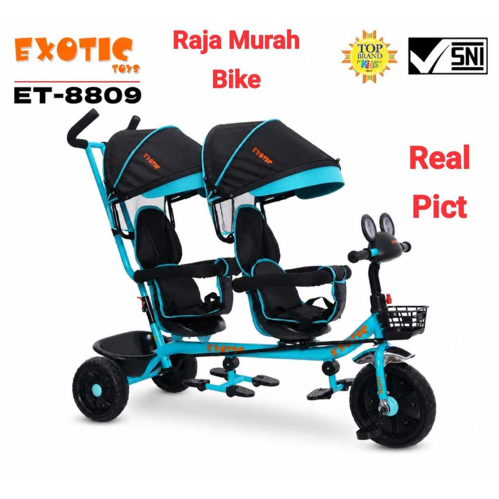 Sepeda Anak Roda Tiga Kembar Exotic ET-8809 Sepeda Roda Tiga 2 Kursi Exotic ET8809