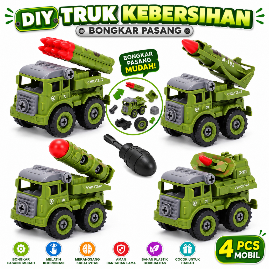 mainan edukasi anak engineering truck diy army military mobil mobilan truk militer bongkar pasang