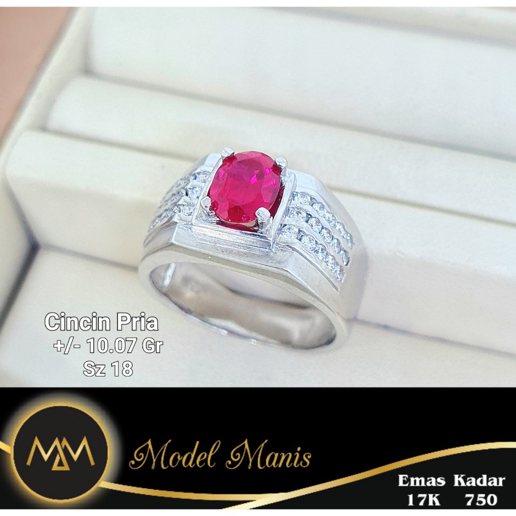 Model Manis Gold - Cincin Pria Batu Oval Merah Delima Putih - Emas 17k 750