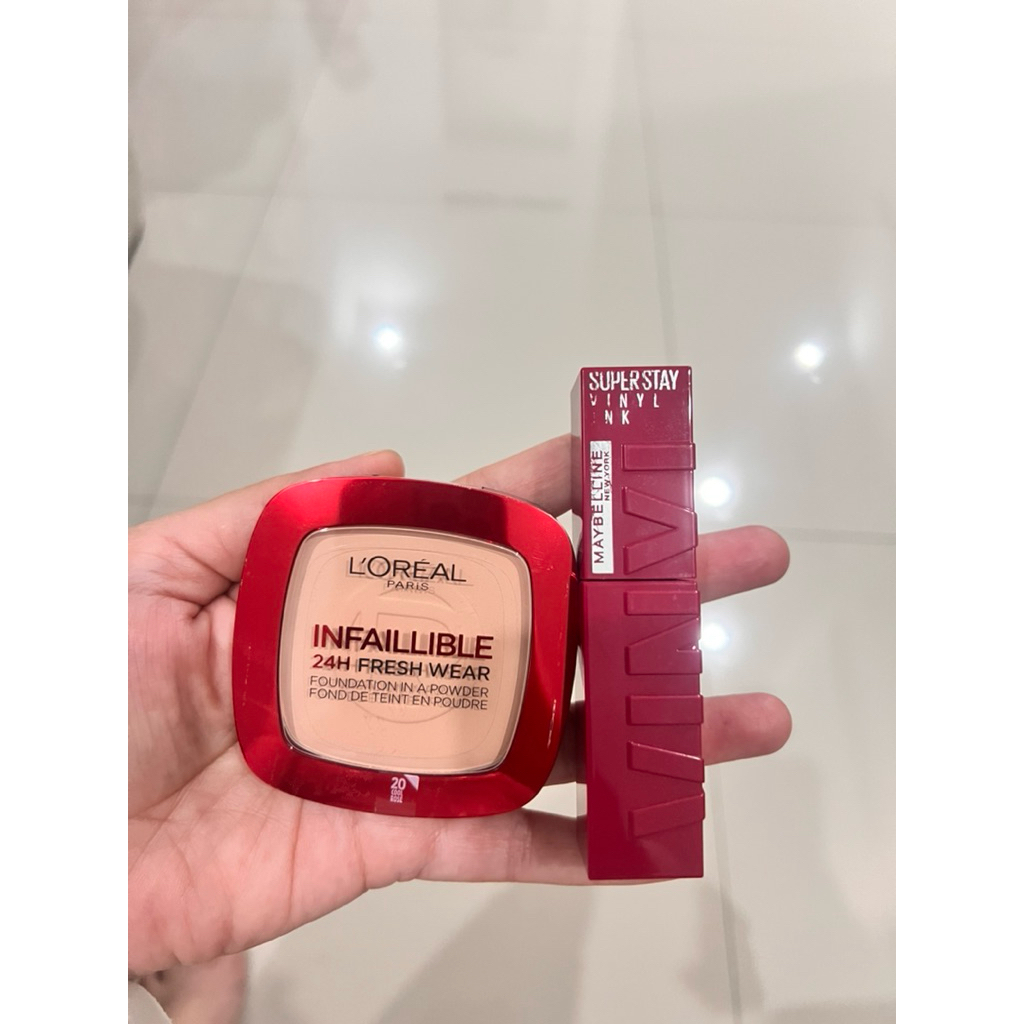 bedak loreal infalliable dan lipstik maybelline vynil