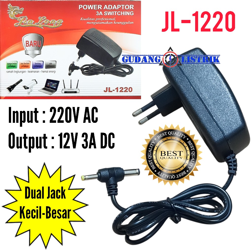JL-1220 Adaptor Trafo Travo Power Supply 12V 3A Dual Jack JIN LONGDC
