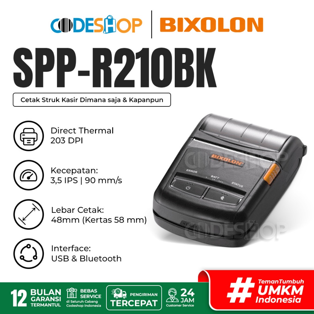 Bixolon Mobile Printer Kasir SPP-R210BK Cetak Struk Thermal 58mm Bluetooth Portable