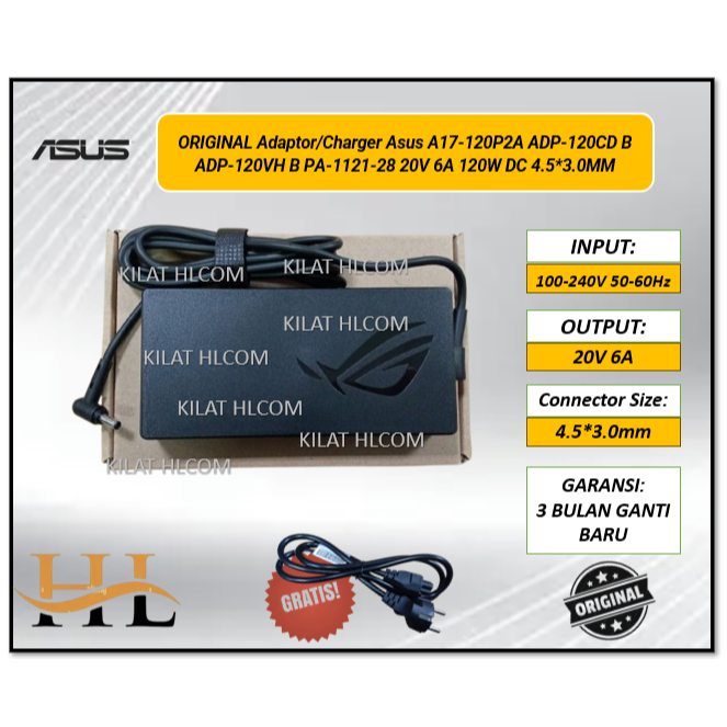 ORIGINAL Adaptor/Charger Asus A17-120P2A ADP-120CD B ADP-120VH B PA-1121-28 20V 6A 120W DC 4.5*3.0MM