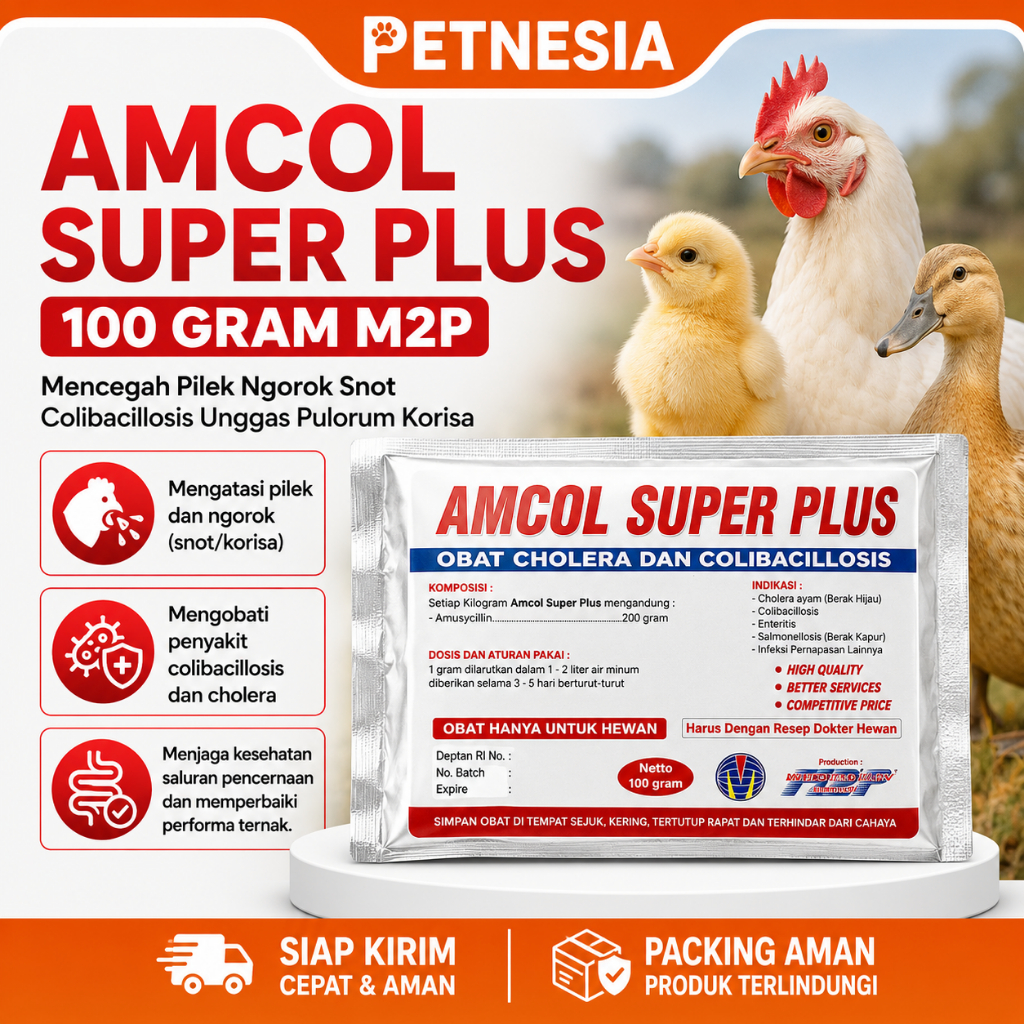 AMCOL SUPER PLUS 100 GRAM M2P - Mencegah Pilek Ngorok Snot Colibacillosis Unggas Pulorum Korisa
