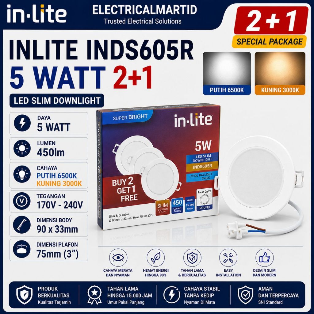 PAKET BELI 2 GRATIS 1 INLITE Downlight 5W INDS605R INBOW Bulat Slim