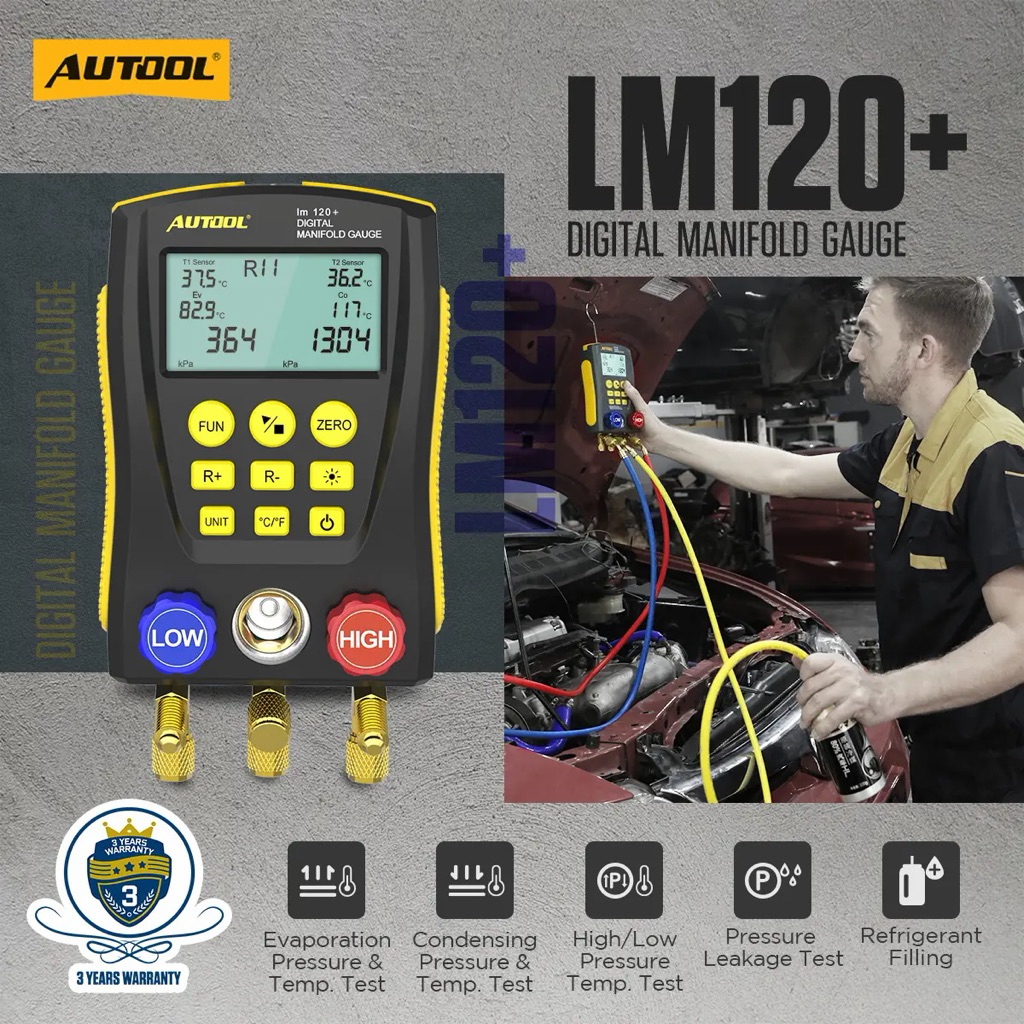 AUTOOL LM120 Plus Digital Refrigerant Manifold Gauge HVAC AC Freon Gauge Alat Ukur Tekanan Refrigera