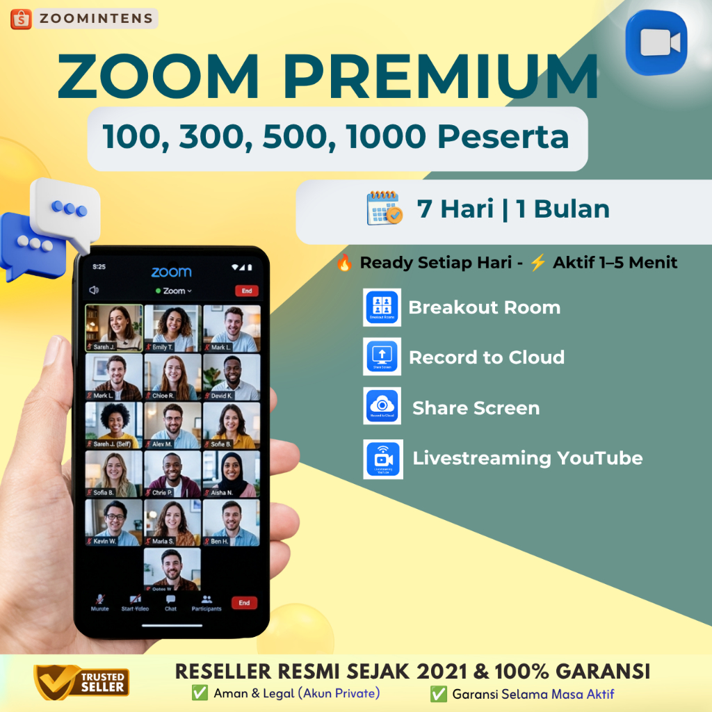 Zoom Premium Unlimited 1 Minggu 1 Bulan 100 300 500 1000 Peserta Full Fitur Bergaransi