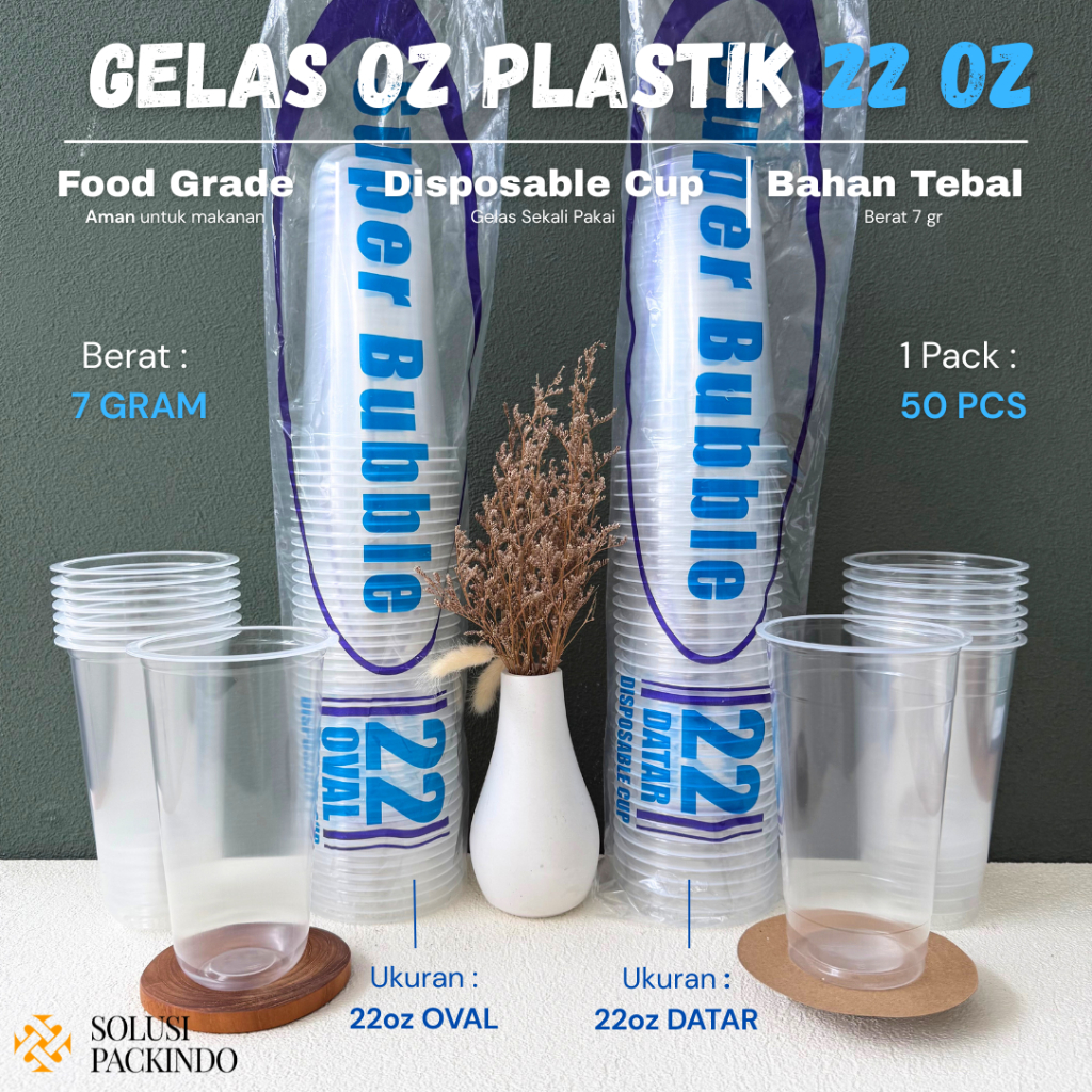 [ISI 50 PCS] Gelas Plastik PP Ukuran 22OZ DATAR & OVAL 7gram | Gelas oz Tebal Berat 7gr | Gelas Es T