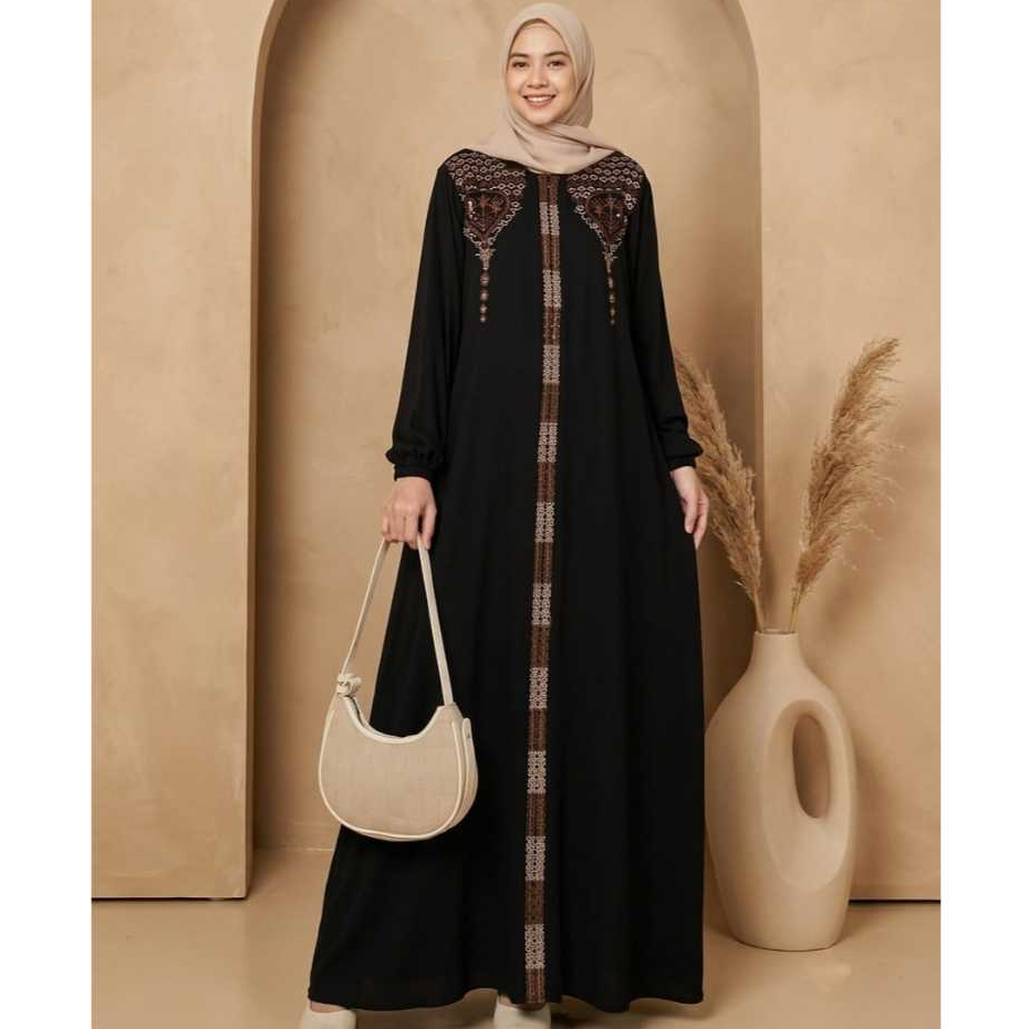 Gamis Bordir Rayon Twill Polos Dress Muslimah Terbaru Hitam dan Putih