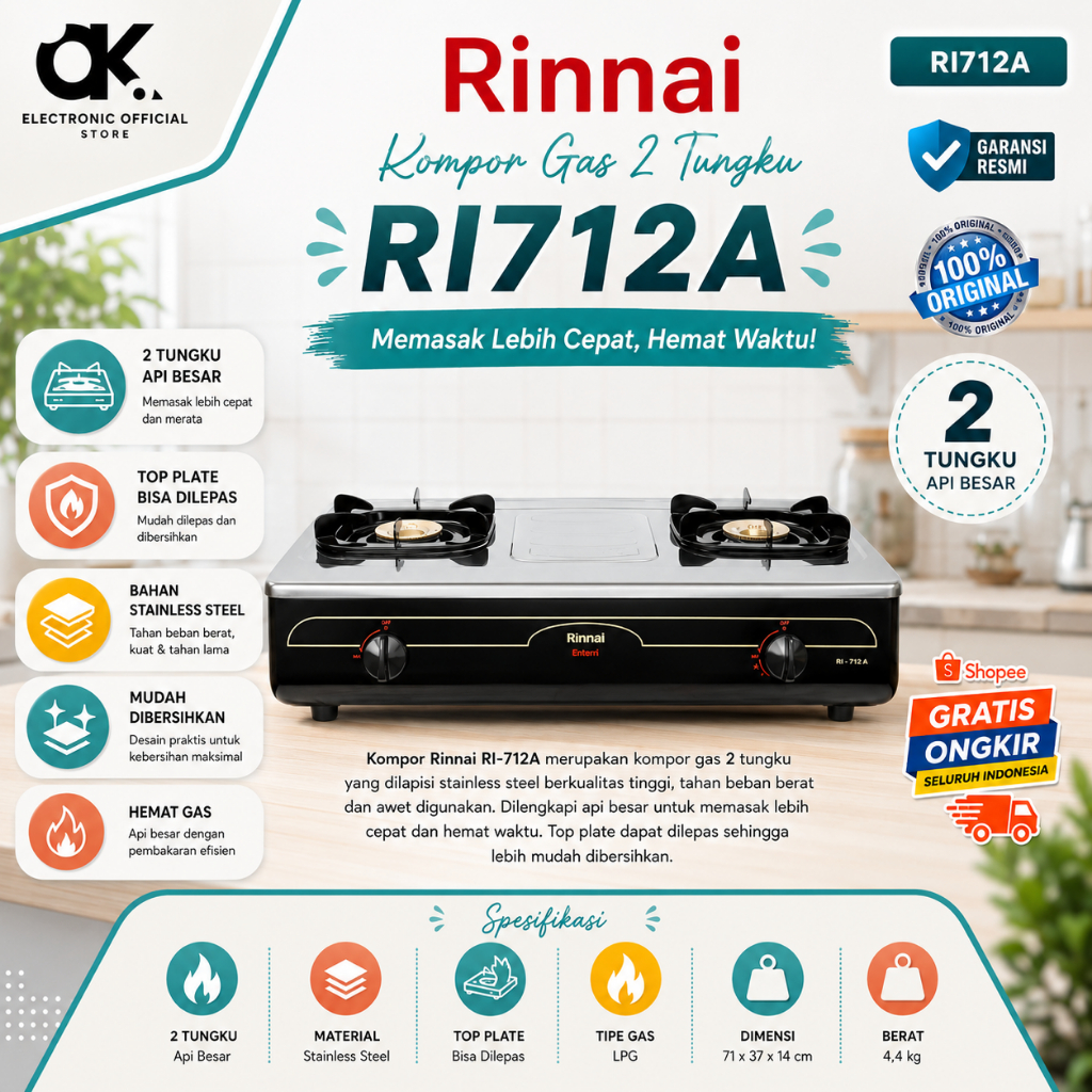 RINNAI KOMPOR GAS RI 712A KOMPOR GAS 2 TUNGKU/RI712A/RI712 A/RI 712A/RI 712 A/ORIGINAL/GARANSI RESMI