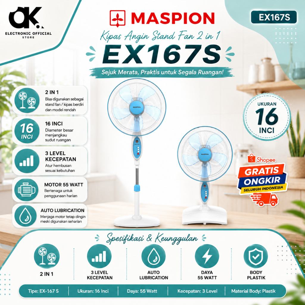 MASPION KIPAS ANGIN EX 167 S STAND FAN KIPAS BERDIRI/EX167S/EX-167S/EX-167 S/EX 167S/ORIGINAL