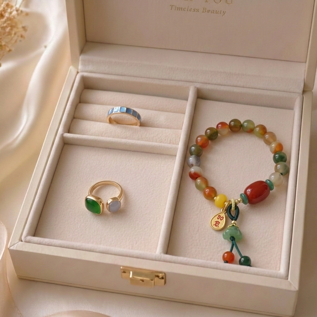 Set Gelang Cincin Batu Alam Gaya Cina Retro Etnik Fabric Manik-Manik Wanita Birthday