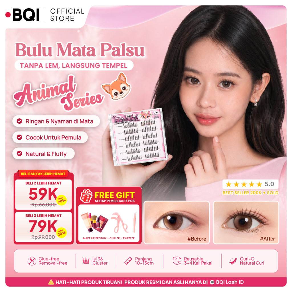[BQI OFFICIAL ORIGINAL] Animal Series Bulu Mata Palsu 10-14mm 36 Cluster Tanpa Lem Langsung Tempel P