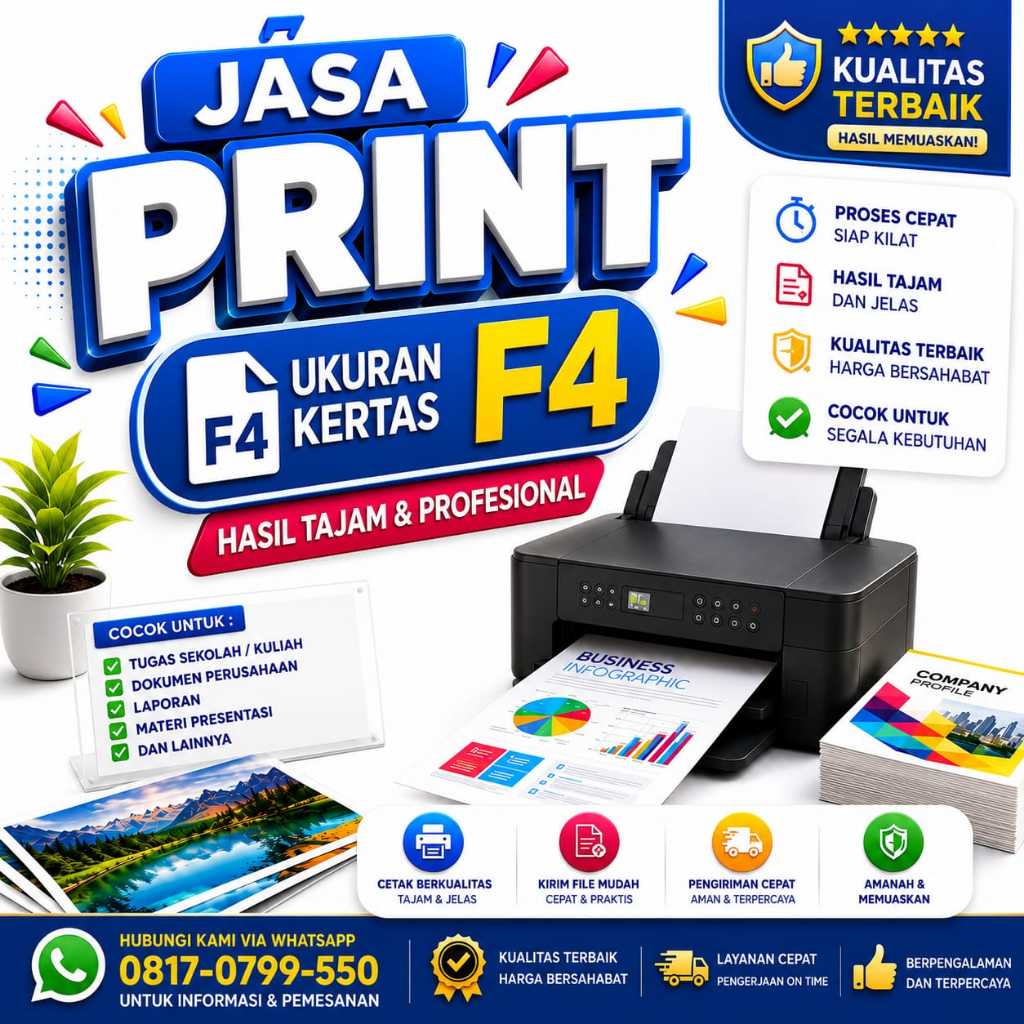 Jasa Print F4  80 gram Murah Hitam Putih & Warna hasil tajam