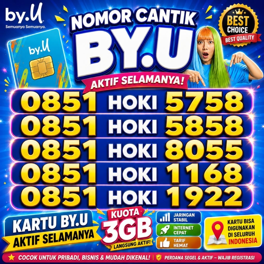 Kartu Perdana Nomor Cantik Telkomsel By.U Seri HOKI 5758 / 1168 / 168 / 8055 / 1922 / 7460 Masa Akti