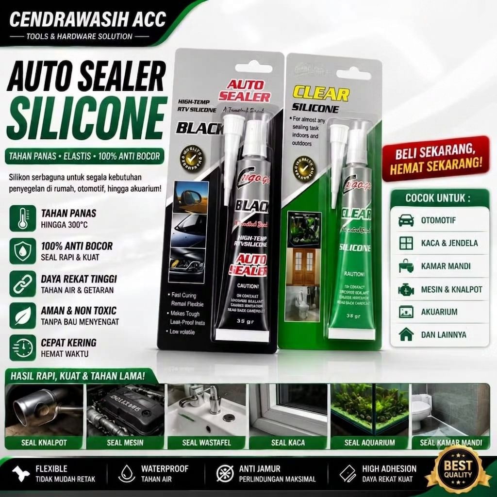 Auto Sealer Silicone Cugogo Lem Silikon Serbaguna Tahan Panas Anti Bocor Hitam Bening 35 Gram