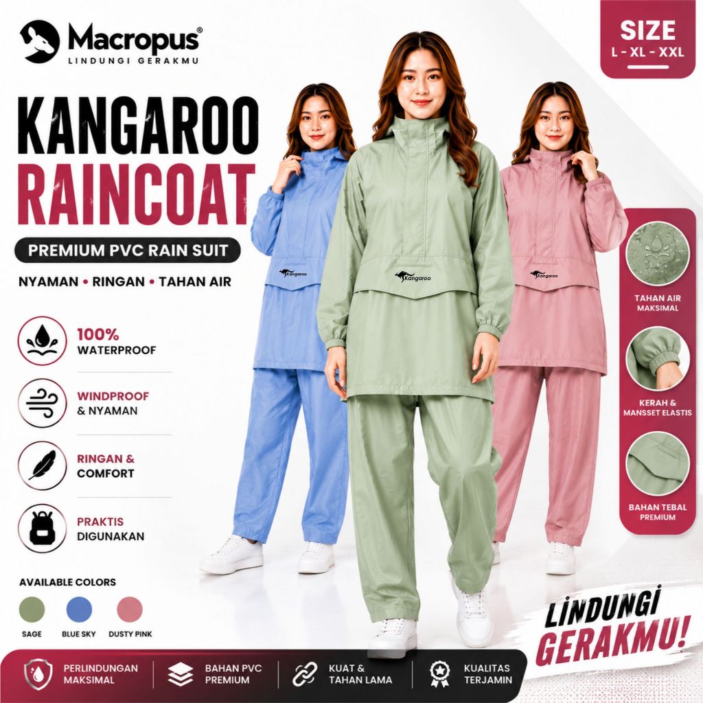 KANGAROO RAINCOAT Jas Hujan Saku Kangguru Anti Tembus Jas Hujan Tebal Saku Kangguru Pria Wanita