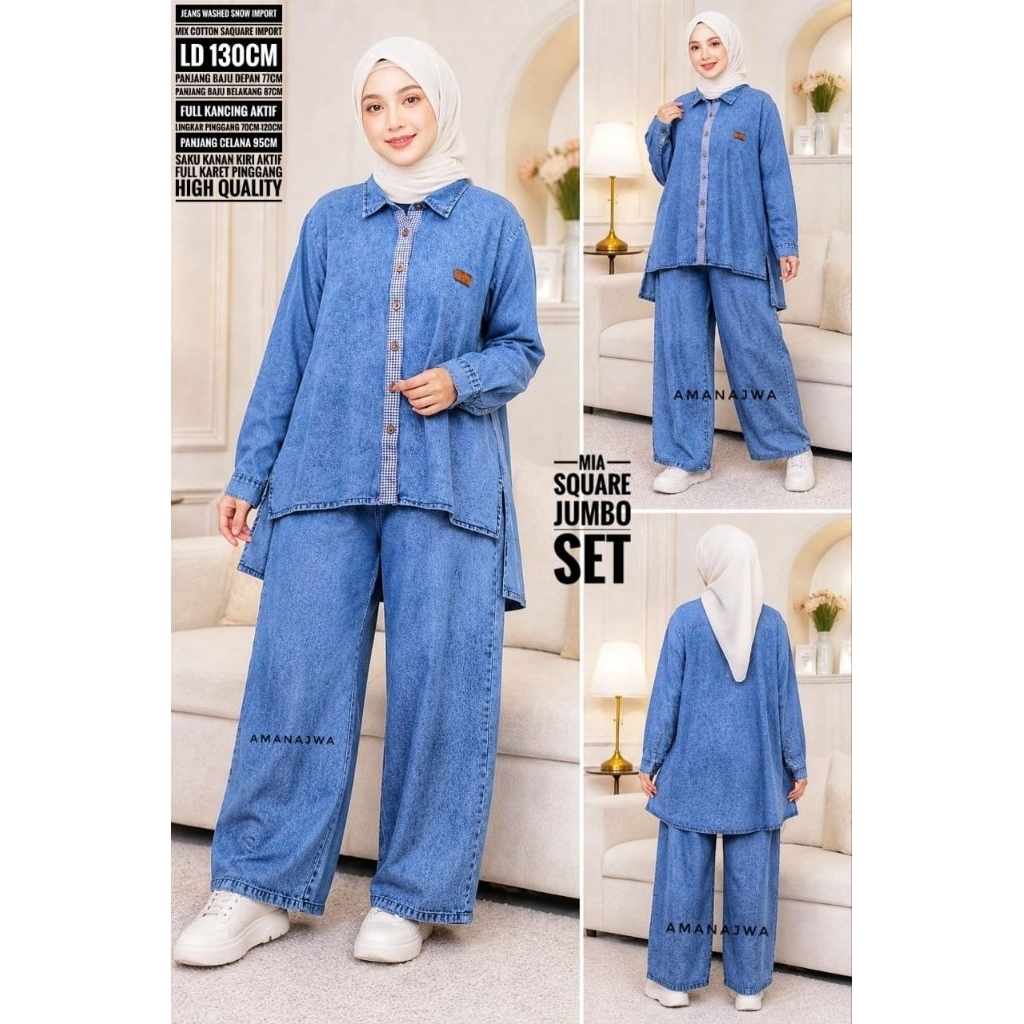 MIAMI ONE SET JEANS JUMBO LD 130 SETELAN JEANS WANITA BIGSIZE SETCEL TERBARU KEKINIAN