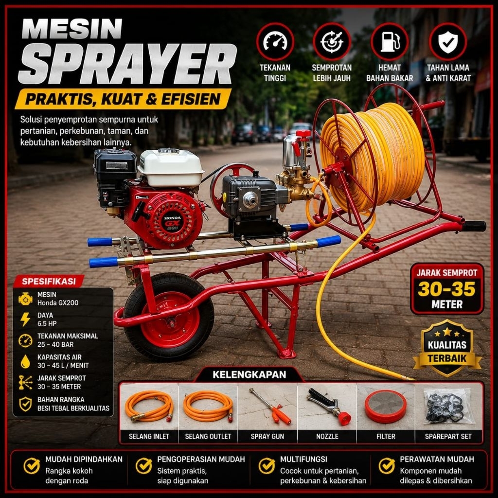 POWER SPRAYER HONDA GX 200 KOMPLIT SELANG 100 METER + 2 PCS STIK SPRAYER