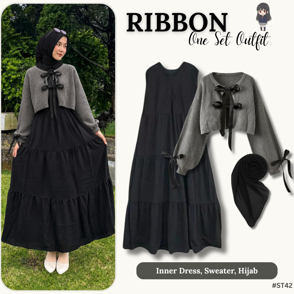 One Set Wanita Korean Style | Inner Dress + Sweater Rajut + Hijab Bella Square | Outfit Hangout Rema