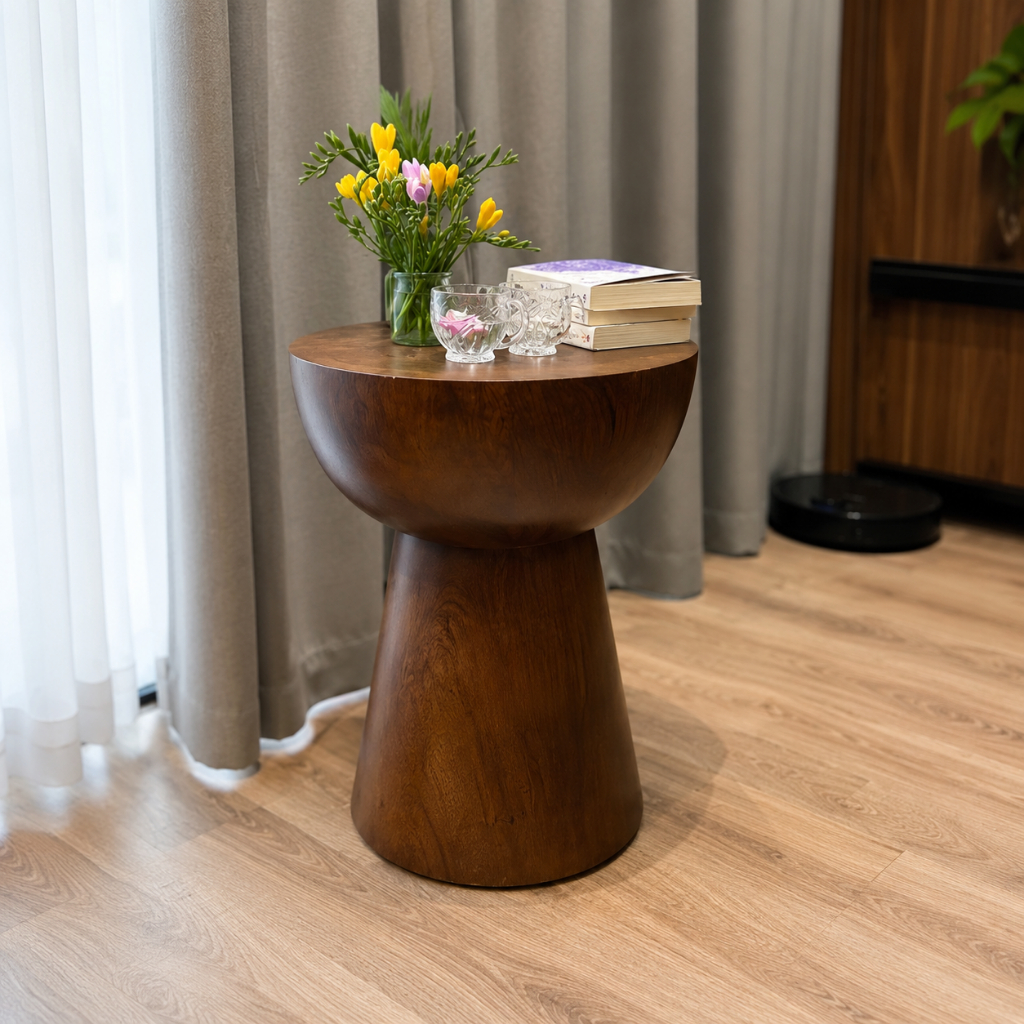 Side Table Bundar - Stool Bundar Kayu Solid - Meja Kecil Unik
